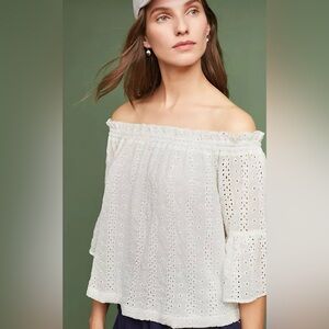 Anthropologie on or off shoulder eyelet white top